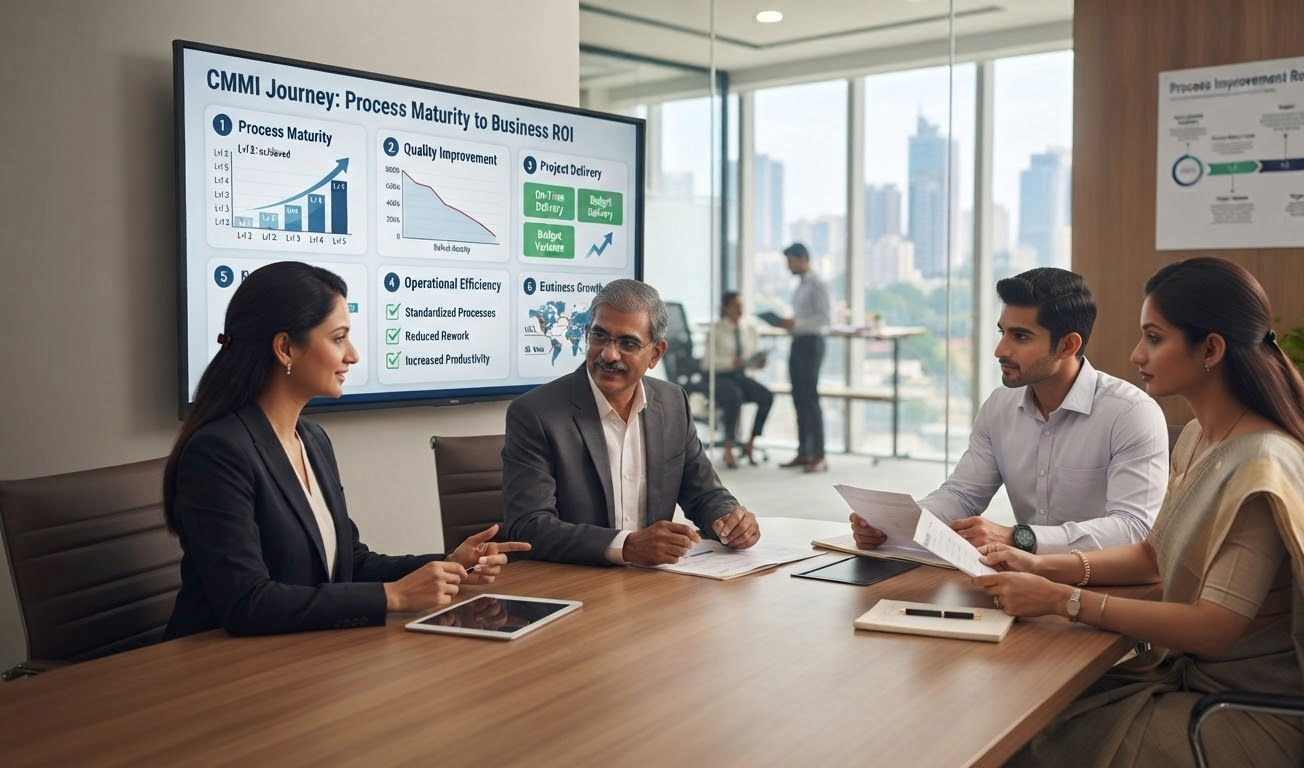 CMMI Appraisal Business ROI in India Business team reviewing CMMI appraisal ROI and growth outcomes for an Indian technology company