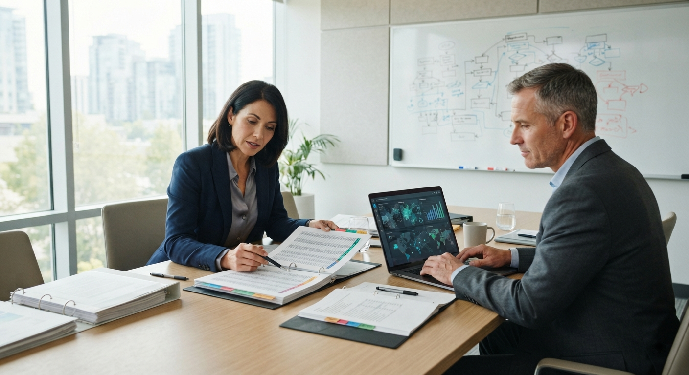 ISR Compliance Audit and Documentation Review Compliance auditor reviewing ISR documentation, system logs, and policy files during an external audit