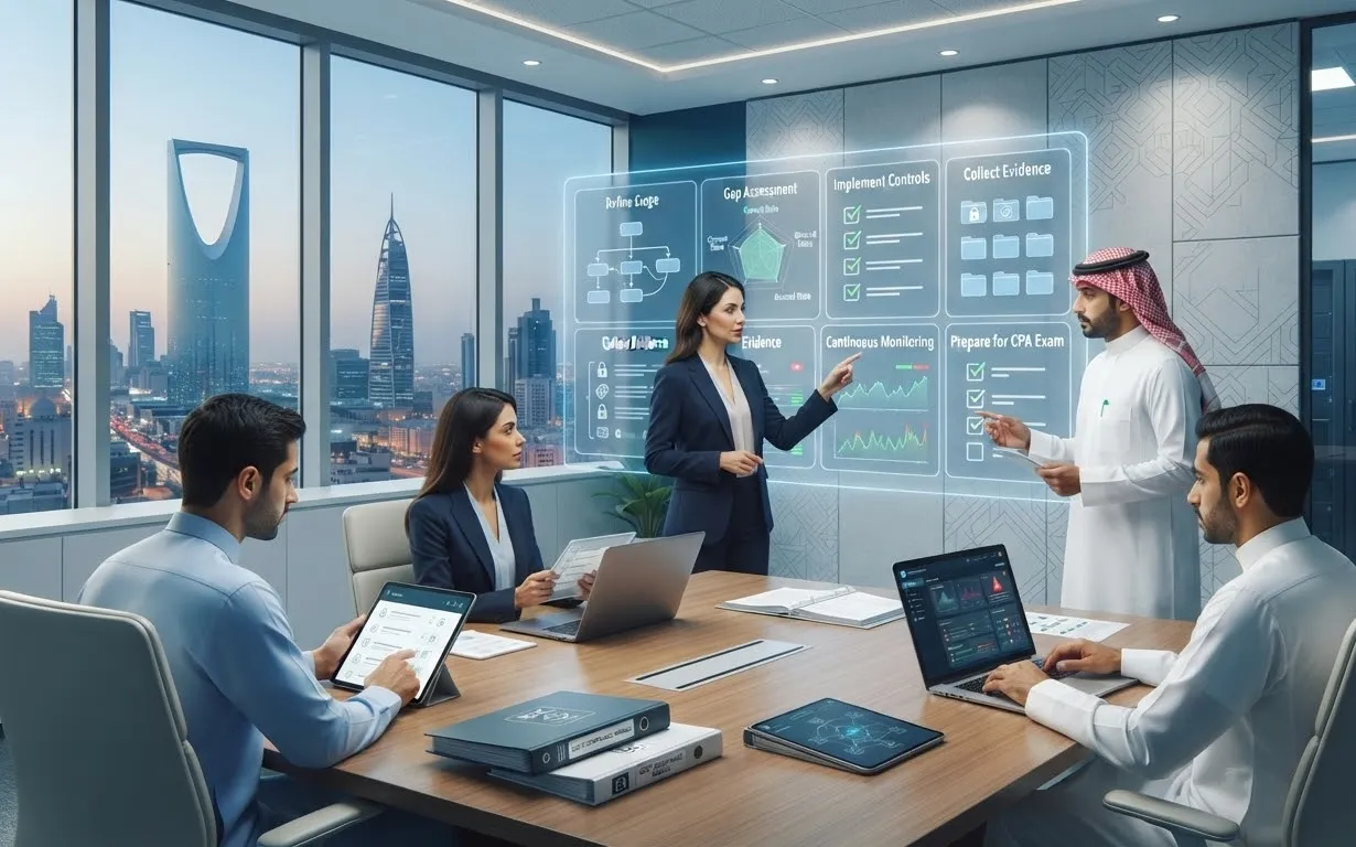 SOC 2 compliance process stages from scoping to CPA examination in Saudi Arabia