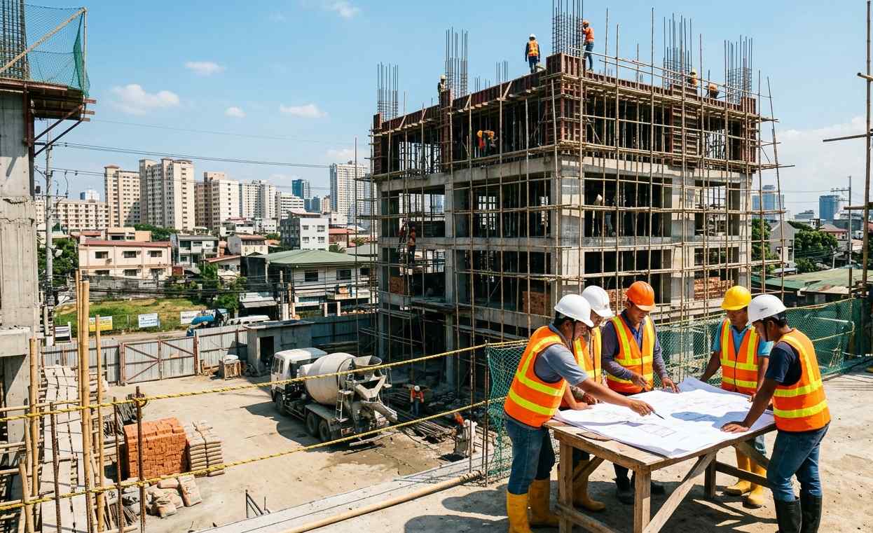 What Implementation Involves on a Real Site Quezon City construction workers reviewing safety plans on site